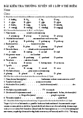 Bài kiểm tra thường xuyên số 1 môn Tiếng Anh Lớp 8  (Thí điểm)