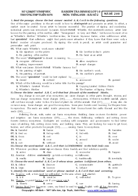 Bộ đề kiểm tra định kỳ số 2 môn Tiếng Anh Lớp 10 - Trường THPT Liễn Sơn (Có đáp án)