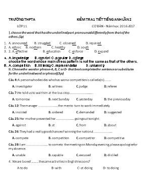 Đề kiểm tra 1 tiết lần 2 môn Tiếng Anh Lớp 11 - Năm học 2016-2017