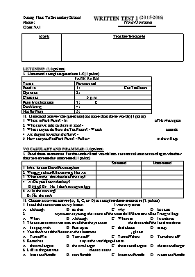 Đề kiểm tra 1 tiết số 1 môn Tiếng Anh Lớp 9 (Thí điểm) - Năm học 2015-2016 - Trường THCS Dương Phúc Từ (Có đáp án)