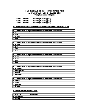 Đề kiểm tra học kỳ I môn Tiếng Anh Lớp 10 (Ban cơ bản) - Năm học 2016-2017