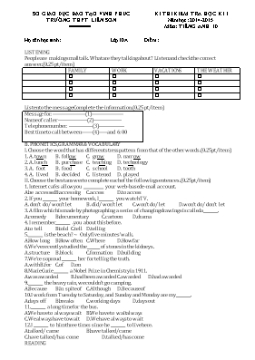 Đề kiểm tra học kỳ I môn Tiếng Anh Lớp 10 - Năm học 2014-2015 - Trường THPT Liễn Sơn (Có đáp án)