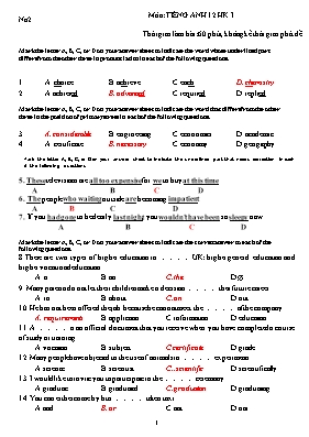 Đề kiểm tra học kỳ I môn Tiếng Anh Lớp 12 - Đề số 2 (Kèm đáp án)