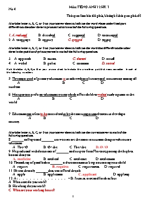 Đề kiểm tra học kỳ I môn Tiếng Anh Lớp 12 (Kèm đáp án)