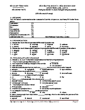 Đề kiểm tra học kỳ I môn Tiếng Anh Lớp 12 - Năm học 2014-2015 - Sở GD & ĐT Vĩnh Phúc