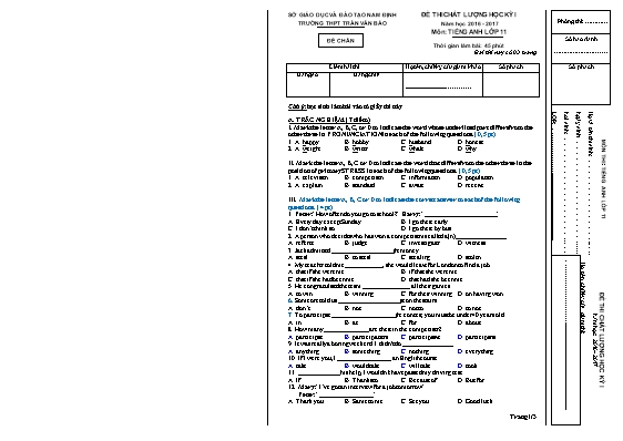 Đề thi chất lượng học kỳ I môn Tiếng Anh Lớp 11 - Đề chẵn - Năm học 2016-2017 - Trường THPT Trần Văn Bảo