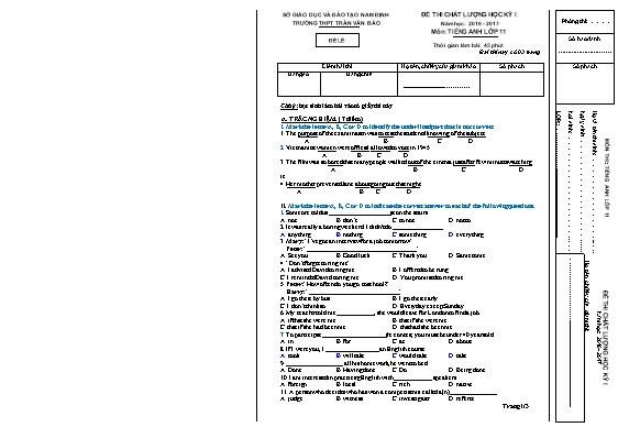 Đề thi chất lượng học kỳ I môn Tiếng Anh Lớp 11 - Đề lẻ - Năm học 2016-2017 - Trường THPT Trần Văn Bảo