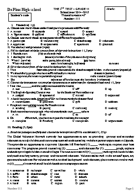 Đề thi giữa học kỳ I môn Tiếng Anh Lớp 11 - Năm học 2014-2015 - Trường THPT Đa Phúc