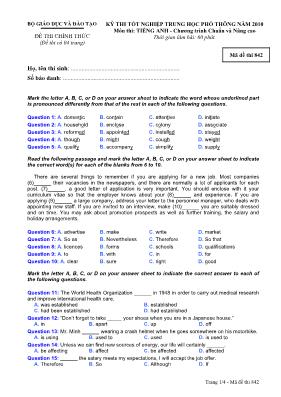 Đề thi Tốt nghiệp THPT môn Tiếng Anh (Chương trình Chuẩn và Nâng cao) năm 2010 - Mã đề 842