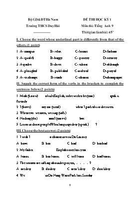 2 Đề thi học kỳ I môn Tiếng Anh Lớp 9 - Trường THCS Duy Hải (Có đáp án)