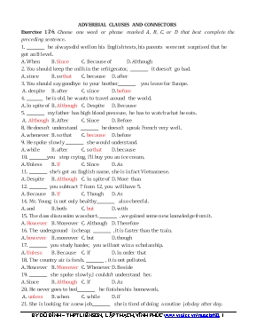 Bài tập trắc nghiệm Adverbial clauses and connectors