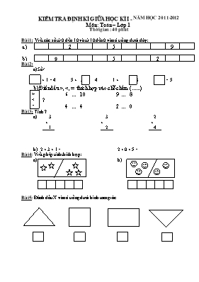 Bộ đề kiểm tra định kì giữa học kì I môn Toán Lớp 1 - Năm học 2011-2012