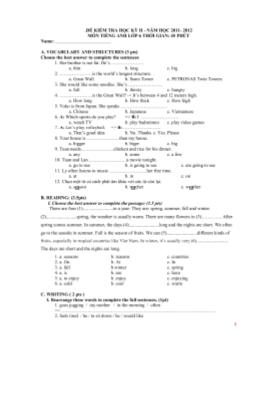 Bộ đề kiểm tra học kỳ II môn Tiếng Anh Lớp 6 - Năm học 2011-2012