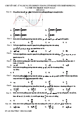 Chuyên đề: Ứng dụng tích phân trong tính diện tích hình phẳng và thể tích khối tròn xoay - Đề số 01 - Lê Xuân Toàn