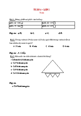 Đề khảo sát chất lượng môn Toán Lớp 2 - Tuần 4