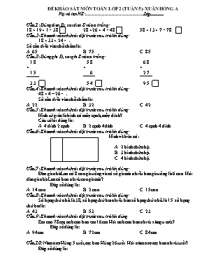 Đề khảo sát môn Toán Lớp 2 - Tuần 5 - Trường TH Xuân Hồng A