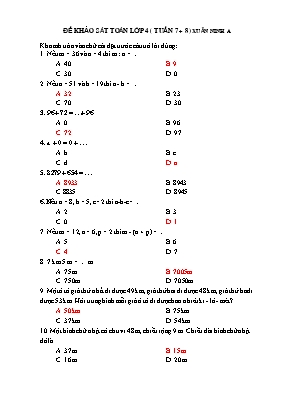 Đề khảo sát môn Toán Lớp 4 - Tuần 7+8 - Trườn