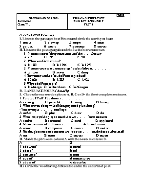 Đề kiểm tra 1 tiết lần II môn Tiếng Anh Lớp 7 (Chương trình thí điểm) (Có đáp án)