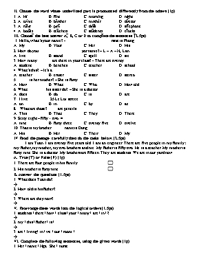 Đề kiểm tra 1 tiết số 1 môn Tiếng Anh Lớp 6 (