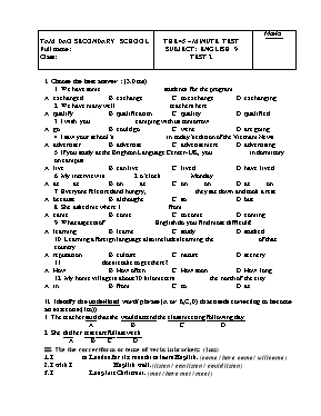 Đề kiểm tra 1 tiết số 2 học kỳ I môn Tiếng Anh Lớp 9 (Thí điểm) (Có đáp án)