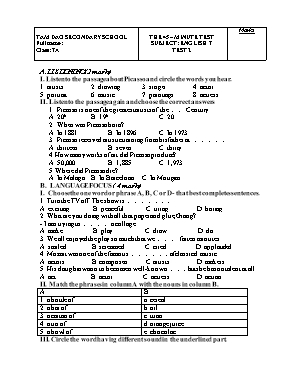 Đề kiểm tra 1 tiết số 2 môn Tiếng Anh Lớp 7 (Thí điểm) - Trường THCS Tam Đảo