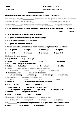 Đề kiểm tra 1 tiết số 3 môn Tiếng Anh Lớp 10 (Chương trình thí điểm)