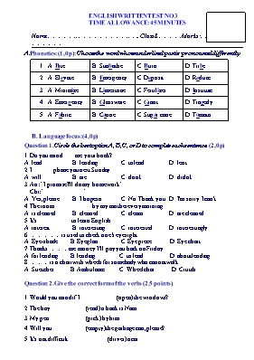 Đề kiểm tra 1 tiết số 3 môn Tiếng Anh Lớp 8 (
