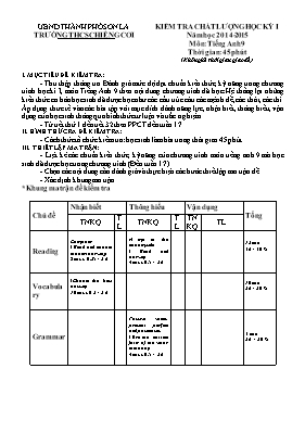 Đề kiểm tra chất lượng học kỳ 1 môn Tiếng Anh Lớp 9 - Năm học 2014-2015 - Trường THCS Chiềng Cơi (Có đáp án)