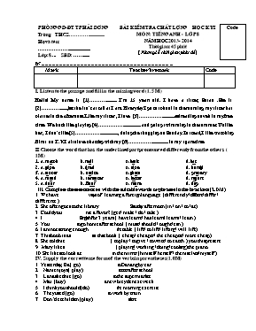 Đề kiểm tra chất lượng học kỳ I môn Tiếng Anh Lớp 8 - Năm học 2013-2014 - Phòng GD & ĐT Hải Dương (Có đáp án)