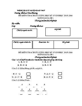 Đề kiểm tra chất lượng học kỳ I môn Toán Lớp 1 - Năm học 2015-2016 - Trường Tiểu học Giao Hương (Có đáp án)