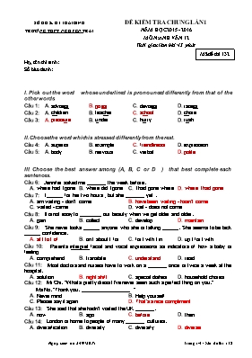 Đề kiểm tra chung lần 1 môn Tiếng Anh Lớp 12 - Mã đề thi 132 - Năm học 2015-2016 - Trường THPT Nguyễn Trãi (Kèm đáp án)