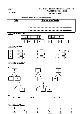 Đề kiểm tra cuối học kỳ I môn Toán Lớp 1 - Đề