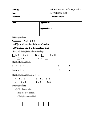 Đề kiểm tra cuối học kỳ I môn Toán Lớp 1 - Đề