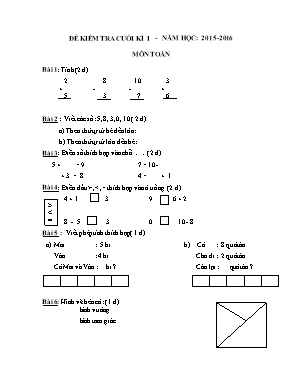 Đề kiểm tra cuối học kỳ I môn Toán + Tiếng Việt Lớp 1 - Năm học 2015-2016