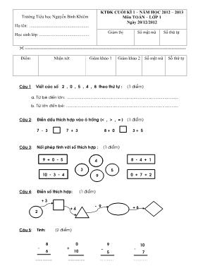 Đề kiểm tra định kỳ cuối học kỳ I môn Toán + Tiếng Việt Lớp 1 - Năm học 2012-2013 - Trường Tiểu học Nguyễn Bỉnh Khiêm