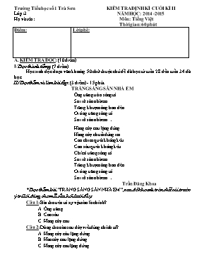 Đề kiểm tra định kỳ cuối học kỳ II môn Tiếng Việt Lớp 3 - Năm học 2014-2015 - Trường Tiểu học Số 1 Trà Sơn (Có đáp án)