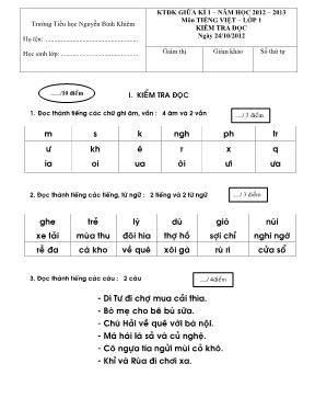 Đề kiểm tra định kỳ giữa học kỳ I môn Tiếng Việt + Toán Lớp 1 - Năm học 2012-2013 - Trường TH Nguyễn Bỉnh Khiêm