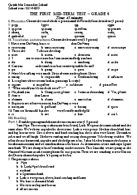 Đề kiểm tra giữa học kỳ I môn Tiếng Anh Lớp 6 - Năm học 2014-2015 - Trường THCS Quỳnh Mai