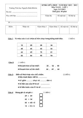 Đề kiểm tra giữa học kỳ II môn Toán + Tiếng Việt Lớp 1 - Năm học 2012-2013 - Trường Tiểu học Nguyễn Bỉnh Khiêm (Có đáp án)