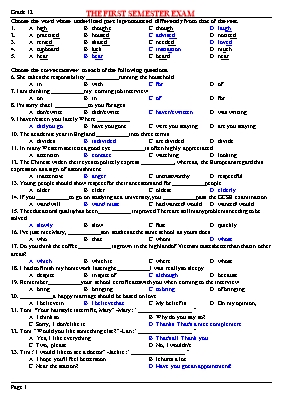 Đề kiểm tra học kỳ 1 môn Tiếng Anh Lớp 12 - Đề 15 (Có đáp án)
