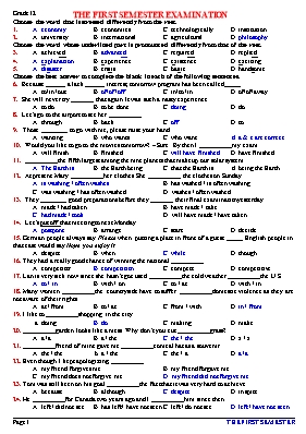 Đề kiểm tra học kỳ 1 môn Tiếng Anh Lớp 12 - Đề 7 (Có đáp án)