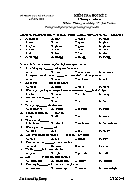 Đề kiểm tra học kỳ 1 môn Tiếng Anh Lớp 12 (Hệ 7 năm) - Sở GD & ĐT Quảng Ninh