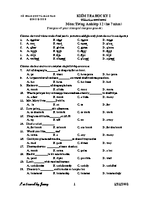Đề kiểm tra học kỳ I môn Tiếng Anh Lớp 12 (Hệ 7 năm) - Sở GD & ĐT Quảng Ninh