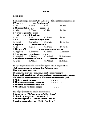 Đề kiểm tra học kỳ I môn Tiếng Anh Lớp 6 - Đề số 3 (Có đáp án)