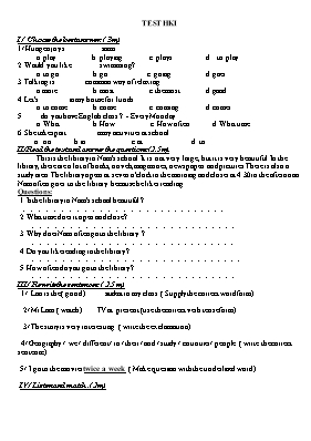 Đề kiểm tra học kỳ I môn Tiếng Anh Lớp 7 - Đề số 6 (Có đáp án)