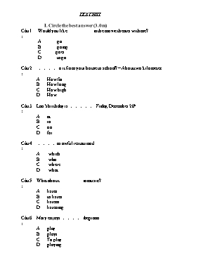 Đề kiểm tra học kỳ I môn Tiếng Anh Lớp 8 - Đề số 30 (Có đáp án)