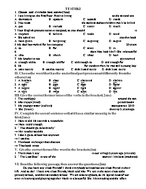 Đề kiểm tra học kỳ I môn Tiếng Anh Lớp 8 - Đề số 7 (Có đáp án)