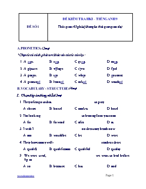 Đề kiểm tra học kỳ I môn Tiếng Anh Lớp 9 - Đề số 1 (Có đáp án)