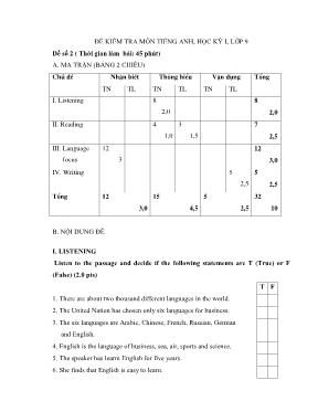 Đề kiểm tra học kỳ I môn Tiếng Anh Lớp 9 - Đề số 2