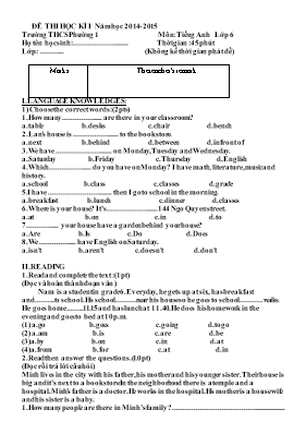 Đề kiểm tra môn Tiếng Anh Lớp 6 - Năm học 2014-2015 - Trường THCS Phường 1